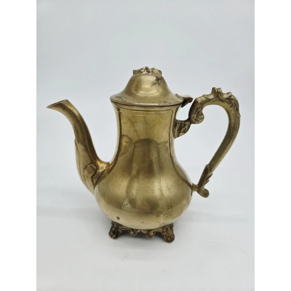 Vintage Indian Brass Teapot Coffee Server‎ Scroll Ornate Footed